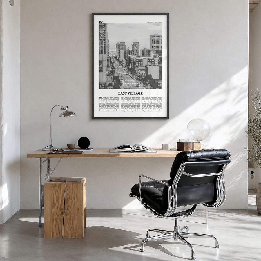 East Village, San Diego Newspaper Poster in a black wood frame, hanging in a bright home office