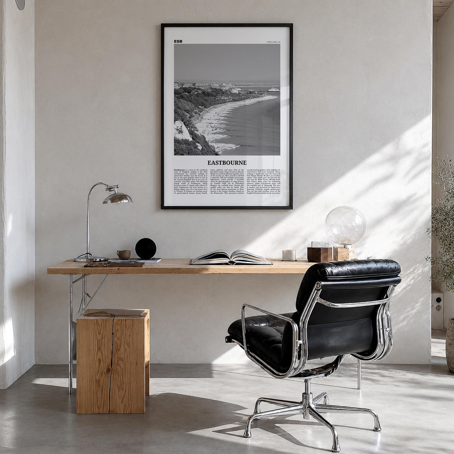 Eastbourne black & white newspaper poster of United Kingdom – vertical wall art in black wood frame, hanging on wall