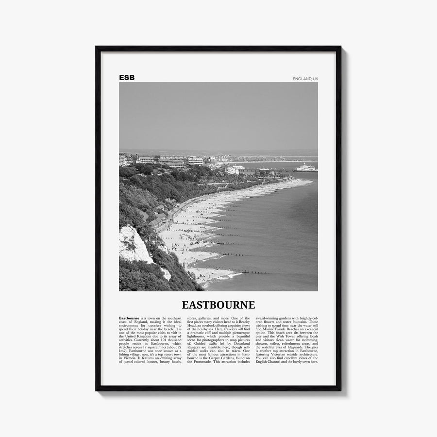 Eastbourne black & white newspaper poster of United Kingdom – vertical wall art, unframed print shown in interior mockup