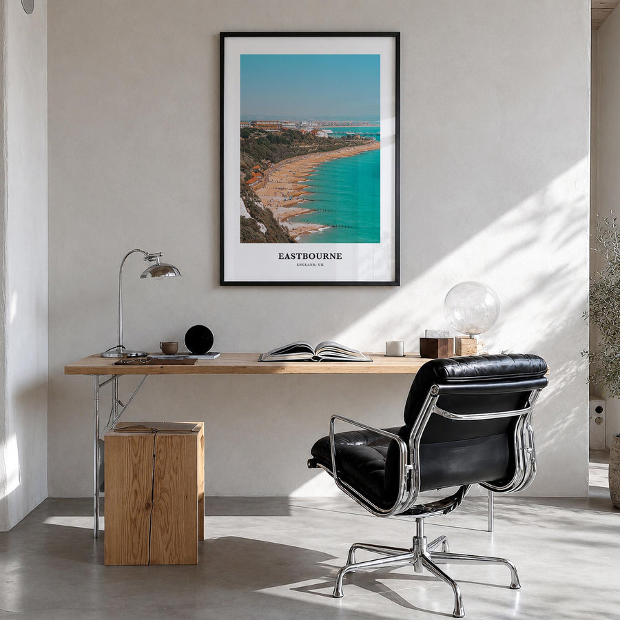Eastbourne colorful classic poster of United Kingdom – vertical wall art in black wood frame, hanging on wall