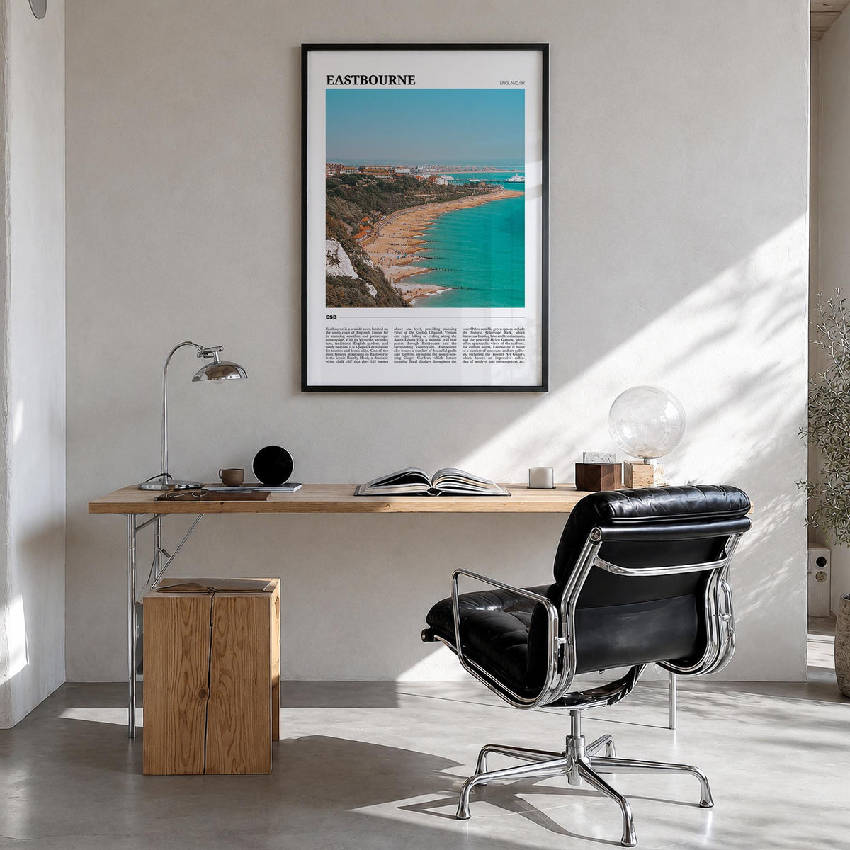Eastbourne colorful travel poster of United Kingdom – vertical wall art in black wood frame, hanging on wall
