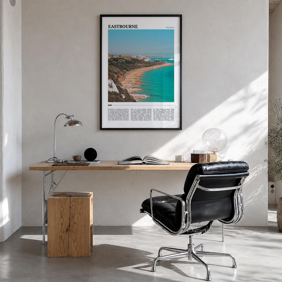 Eastbourne colorful travel poster of United Kingdom – vertical wall art in black wood frame, hanging on wall
