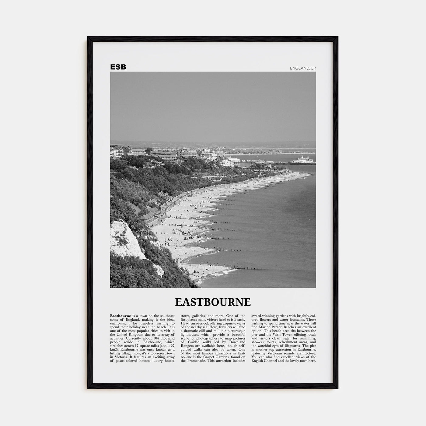 Eastbourne Poster Black Wood / 8x12 in Nbourhood Travel B&W Poster