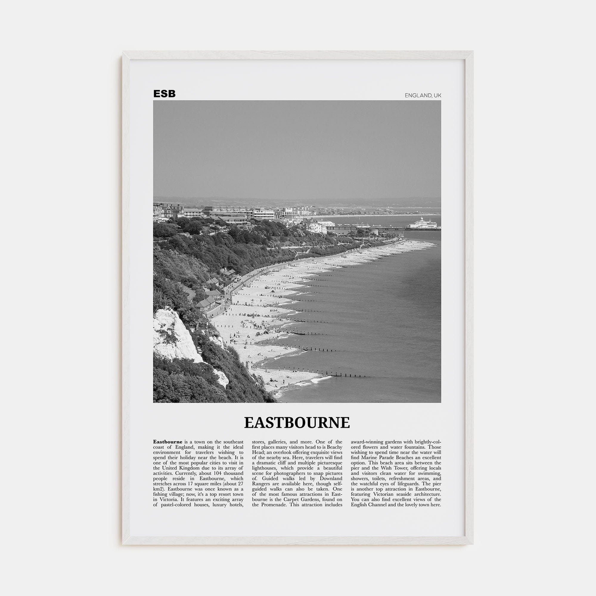 Eastbourne Poster White Wood / 8x12 in Nbourhood Travel B&W Poster