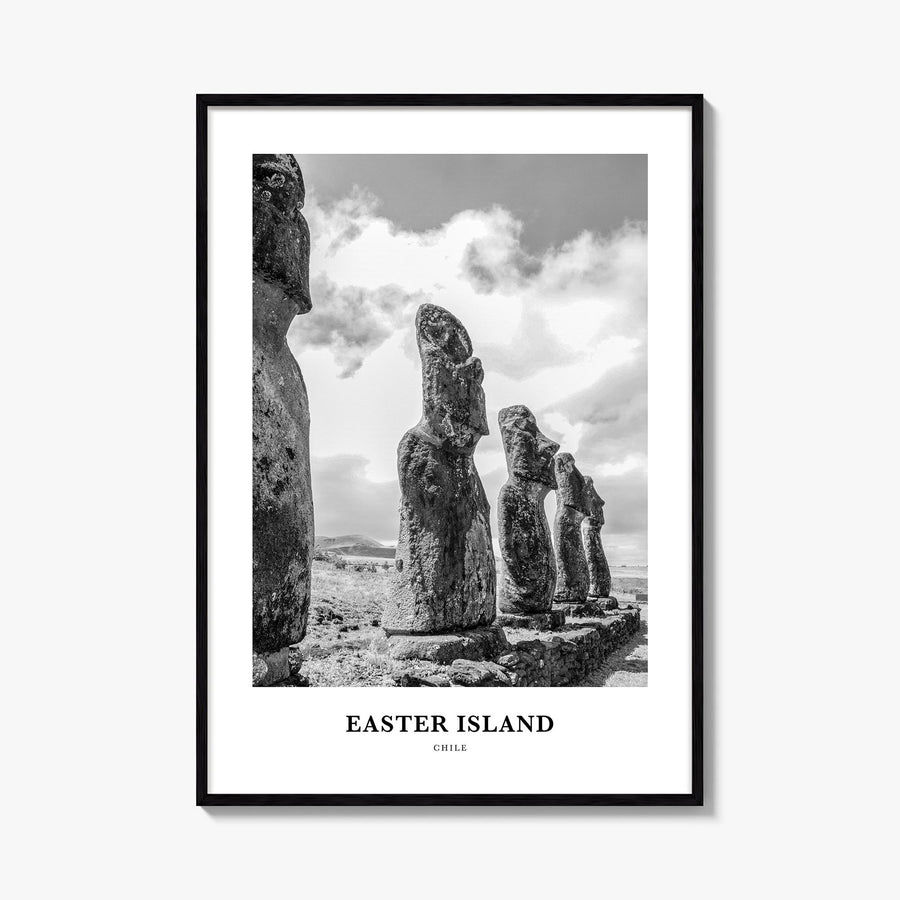 Easter Island black & white classic poster of Chile – vertical wall art, unframed print shown in interior mockup