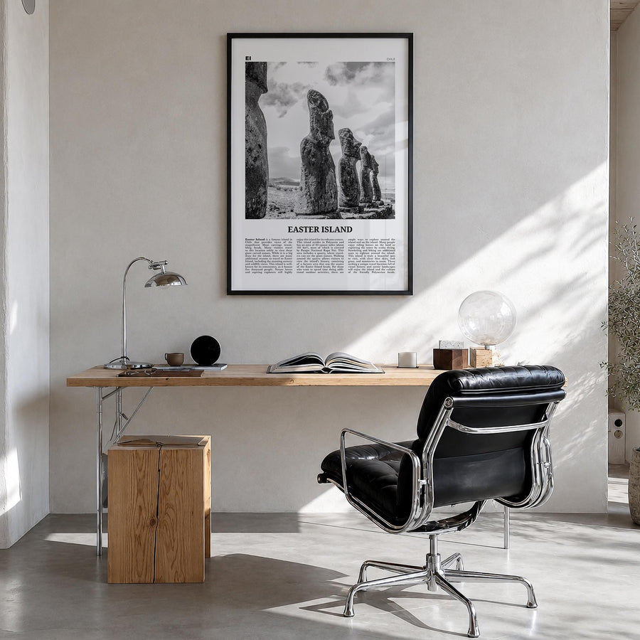 Easter Island black & white newspaper poster of Chile – vertical wall art in black wood frame, hanging on wall
