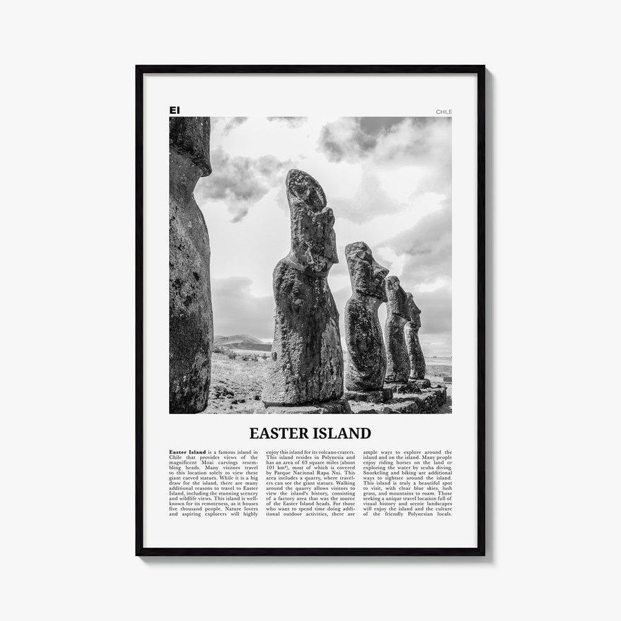 Easter Island black & white newspaper poster of Chile – vertical wall art, unframed print shown in interior mockup