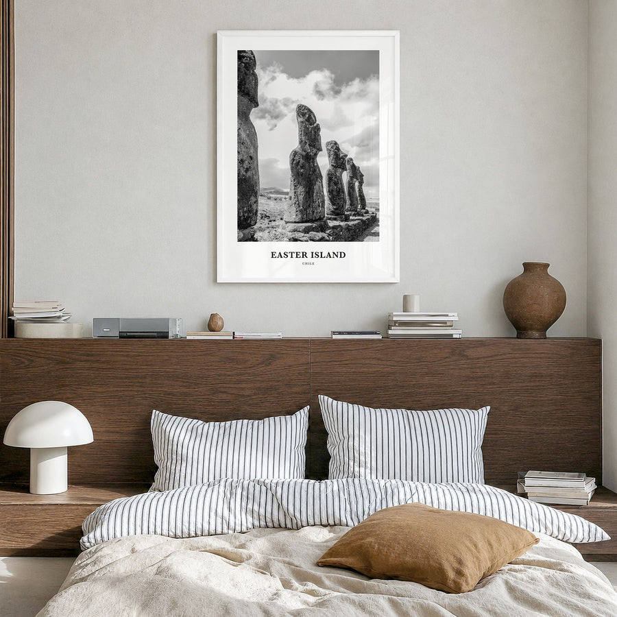 Easter Island Classic Poster in a white wood frame, hanging in a bedroom