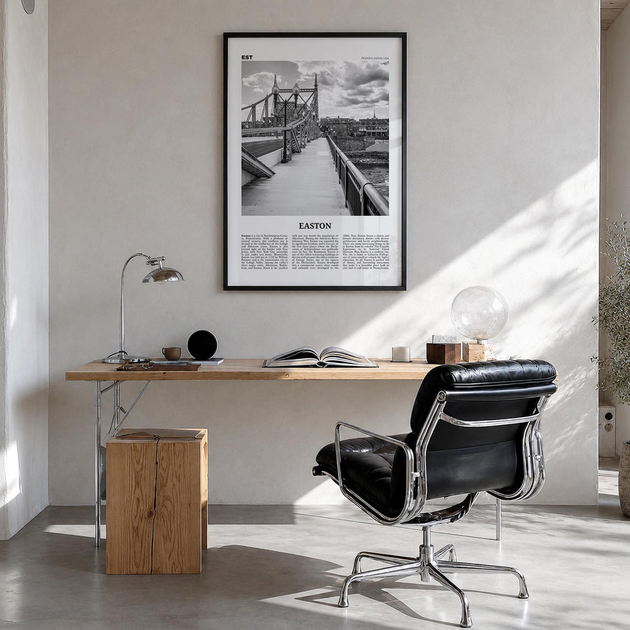 Easton black & white newspaper poster of Pennsylvania, USA – vertical wall art in black wood frame, hanging on wall
