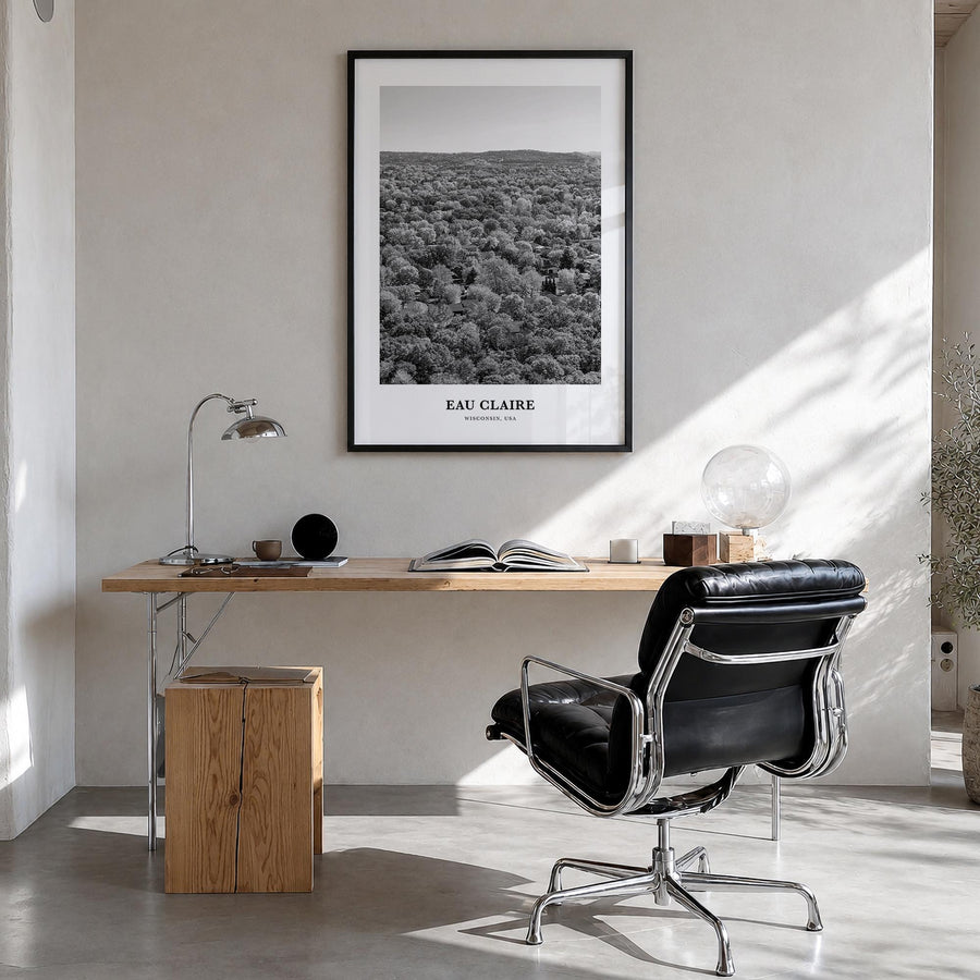 Eau Claire black & white classic poster of Wisconsin, USA – vertical wall art in black wood frame, hanging on wall