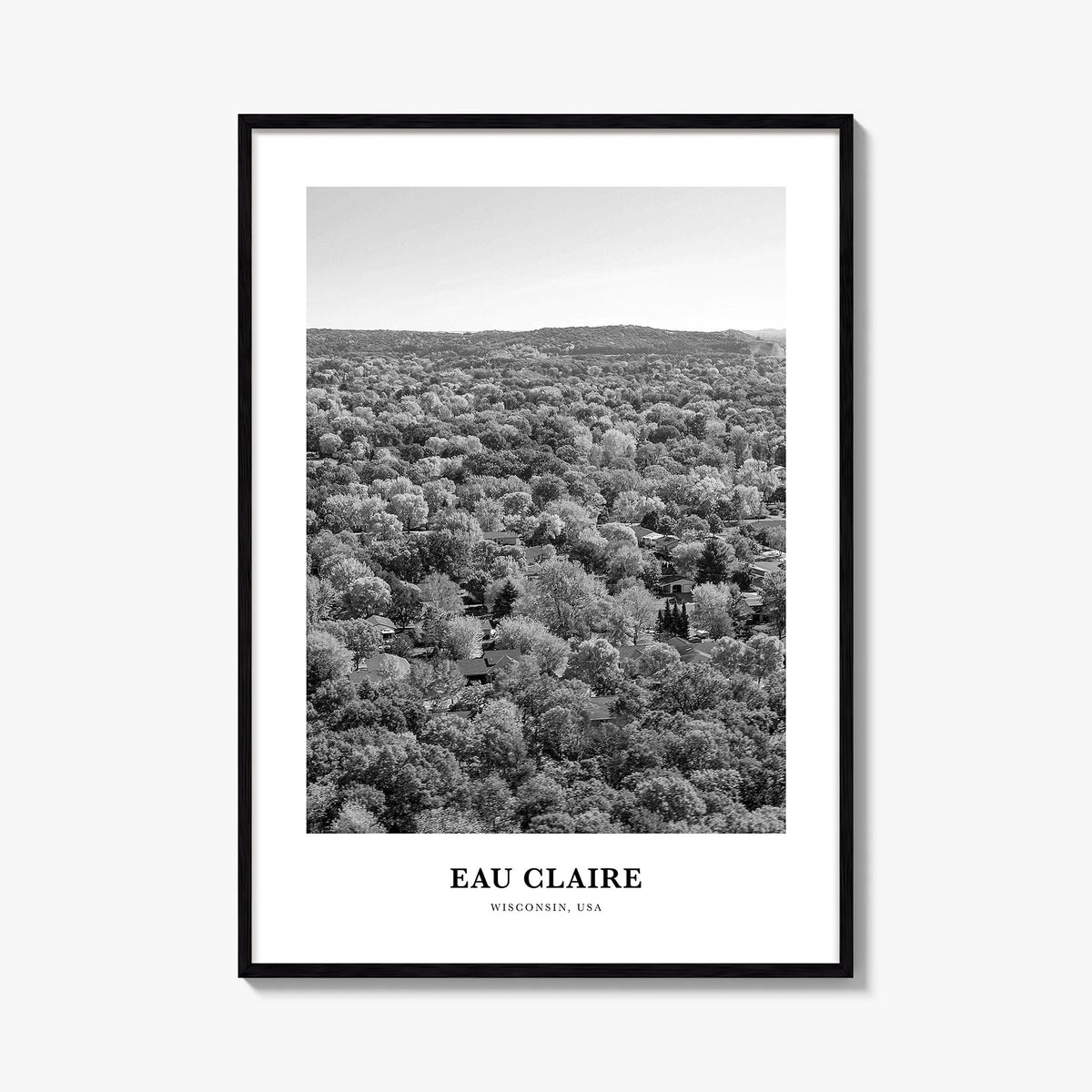 Eau Claire black & white classic poster of Wisconsin, USA – vertical wall art, unframed print shown in interior mockup