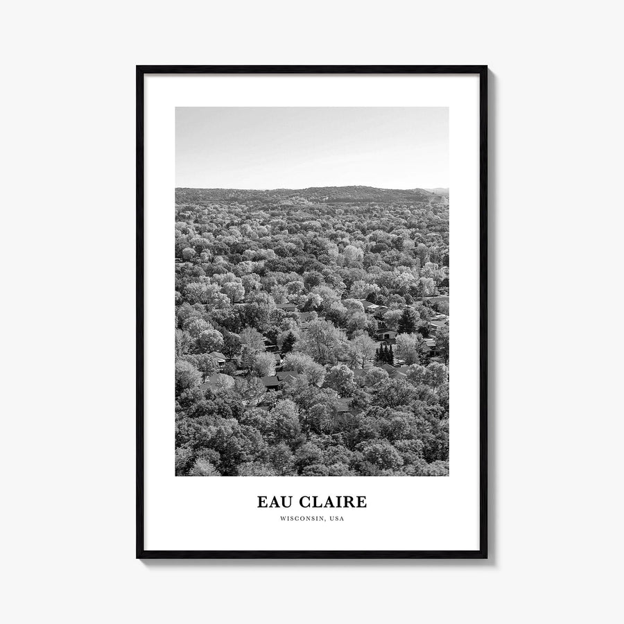 Eau Claire black & white classic poster of Wisconsin, USA – vertical wall art, unframed print shown in interior mockup