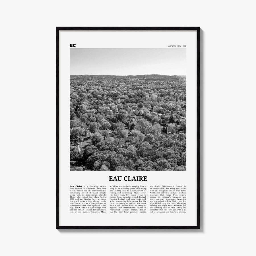 Eau Claire black & white newspaper poster of Wisconsin, USA – vertical wall art, unframed print shown in interior mockup