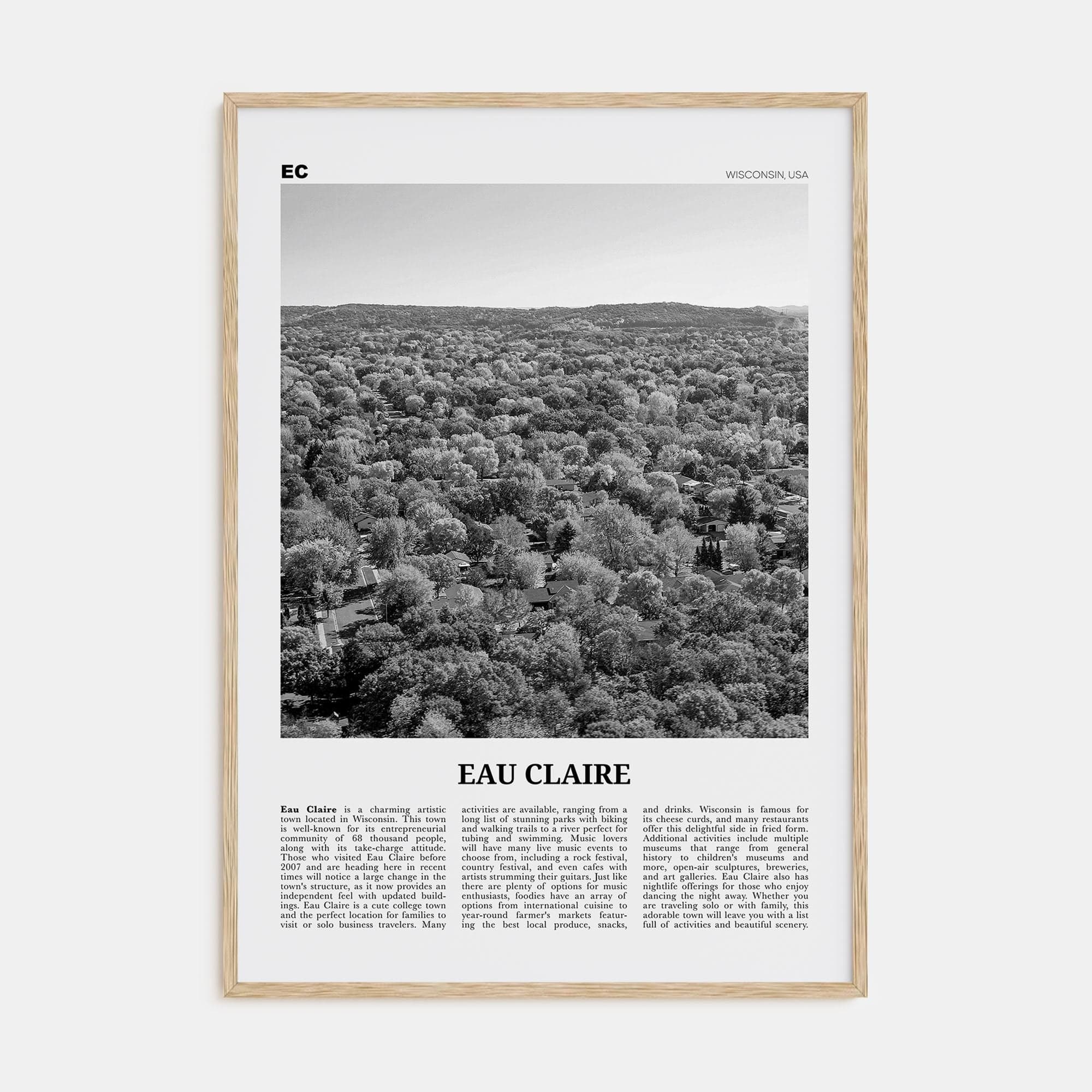 Eau Claire Poster Natural Wood / 8x12 in Nbourhood Travel B&W Poster