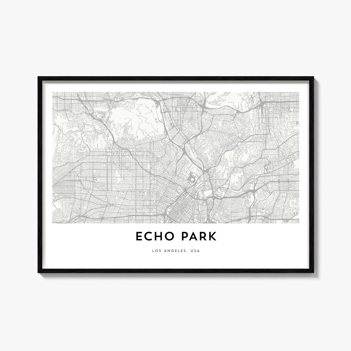 Echo Park black & white map poster of Los Angeles, California – horizontal wall art, unframed print shown in interior mockup