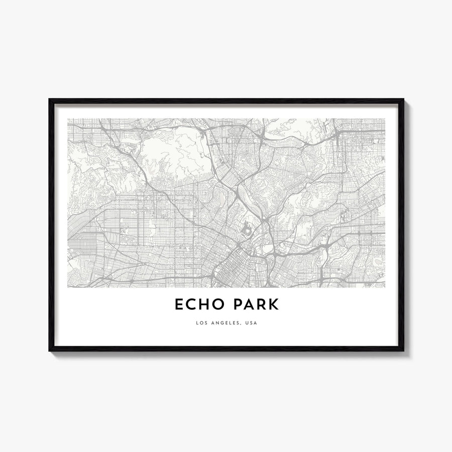 Echo Park black & white map poster of Los Angeles, California – horizontal wall art, unframed print shown in interior mockup