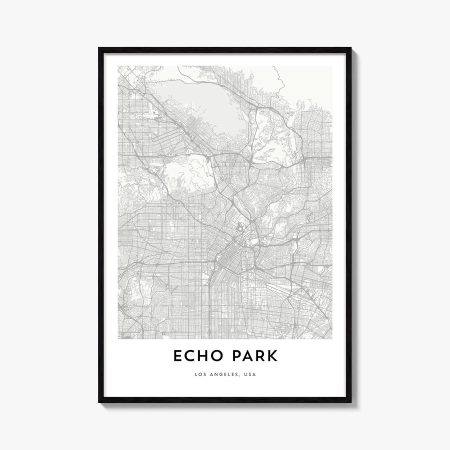 Echo Park black & white map poster of Los Angeles, California – vertical wall art, unframed print shown in interior mockup