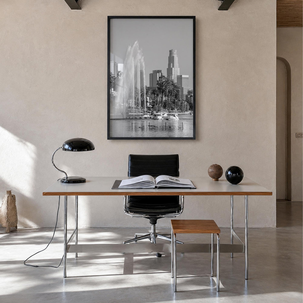 Echo Park black & white photo poster of Los Angeles, California – vertical wall art in black wood frame, hanging on wall