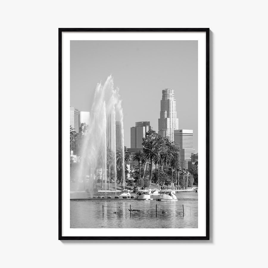 Echo Park black & white photo poster of Los Angeles, California – vertical wall art, unframed print shown in interior mockup