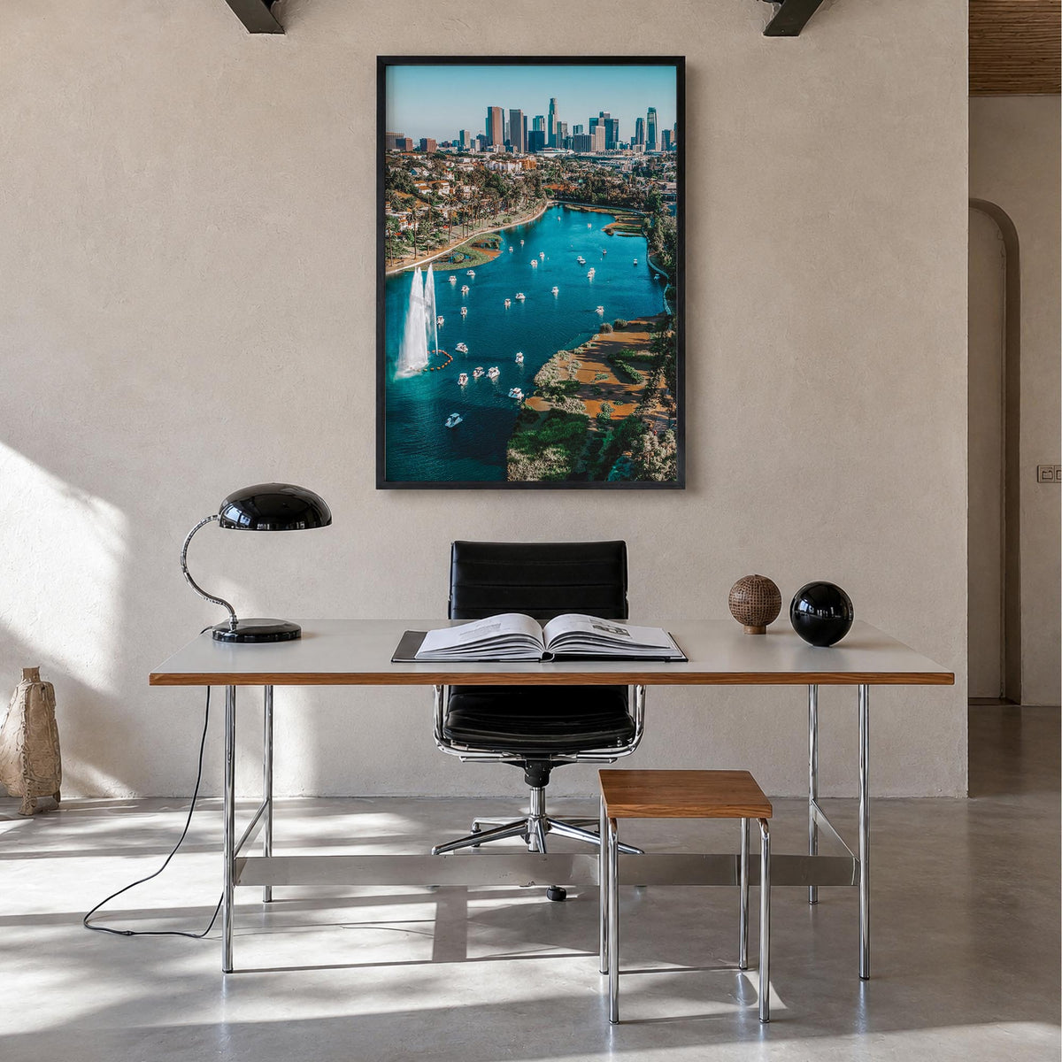 Echo Park colorful photo poster of Los Angeles, California – vertical wall art in black wood frame, hanging on wall