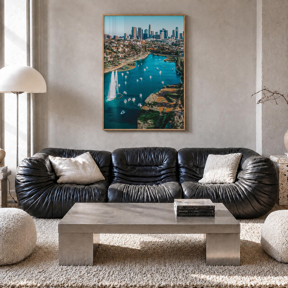 Echo Park colorful photo poster of Los Angeles, California – vertical wall art in natural wood frame, hanging on wall
