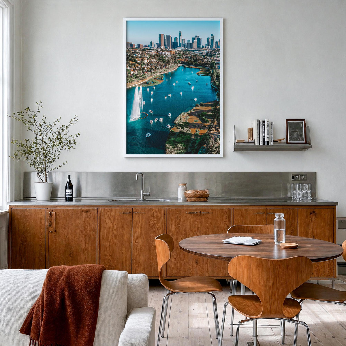 Echo Park colorful photo poster of Los Angeles, California – vertical wall art in white wood frame, hanging on wall