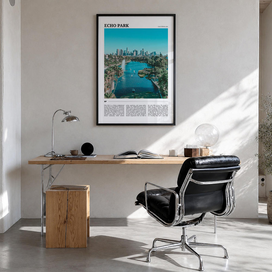 Echo Park colorful travel poster of Los Angeles, California – vertical wall art in black wood frame, hanging on wall