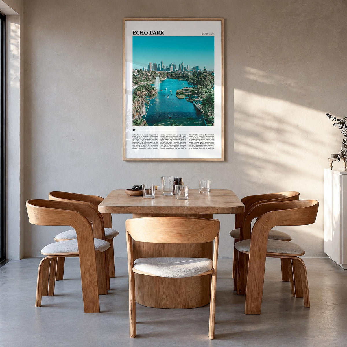Echo Park colorful travel poster of Los Angeles, California – vertical wall art in natural wood frame, hanging on wall