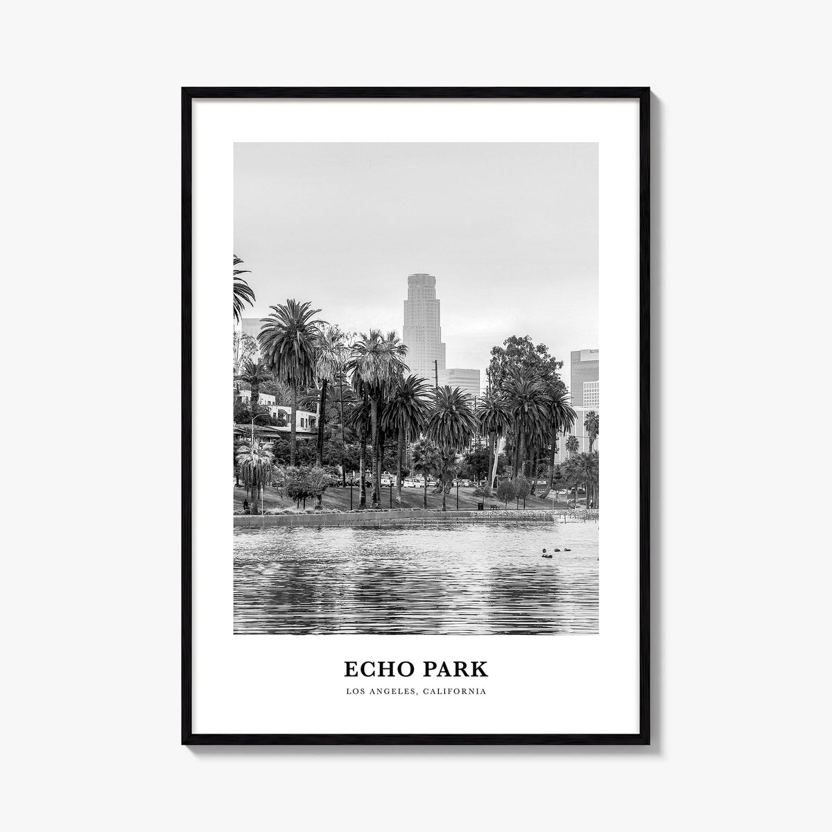 Echo Park no. 1 black & white classic poster of Los Angeles, California – vertical wall art, unframed print shown in interior