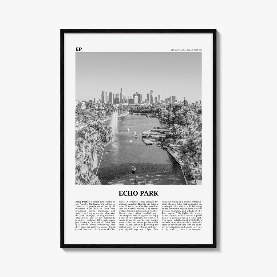 Echo Park no. 1 black & white newspaper poster of Los Angeles, California – vertical wall art, unframed print shown in interi