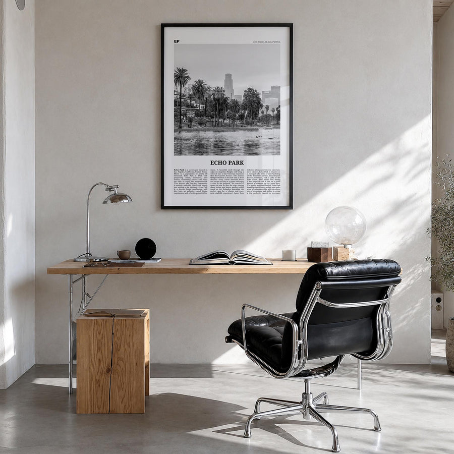 Echo Park no. 2 black & white newspaper poster of Los Angeles, California – vertical wall art in black wood frame, hanging on