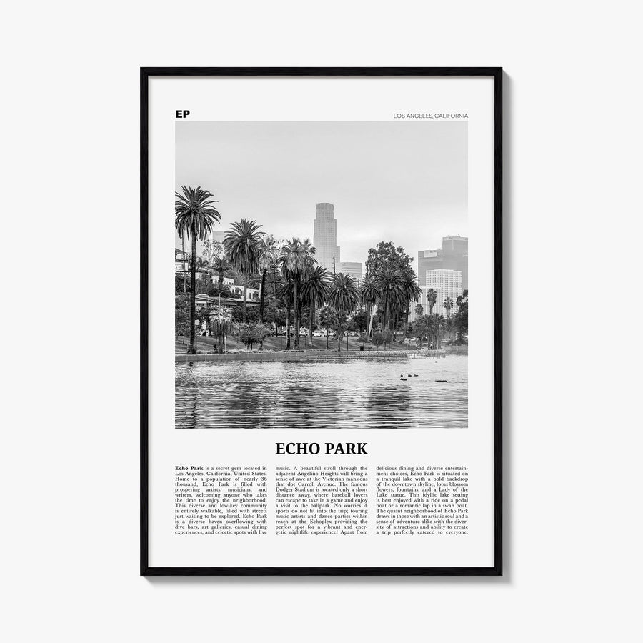 Echo Park no. 2 black & white newspaper poster of Los Angeles, California – vertical wall art, unframed print shown in interi