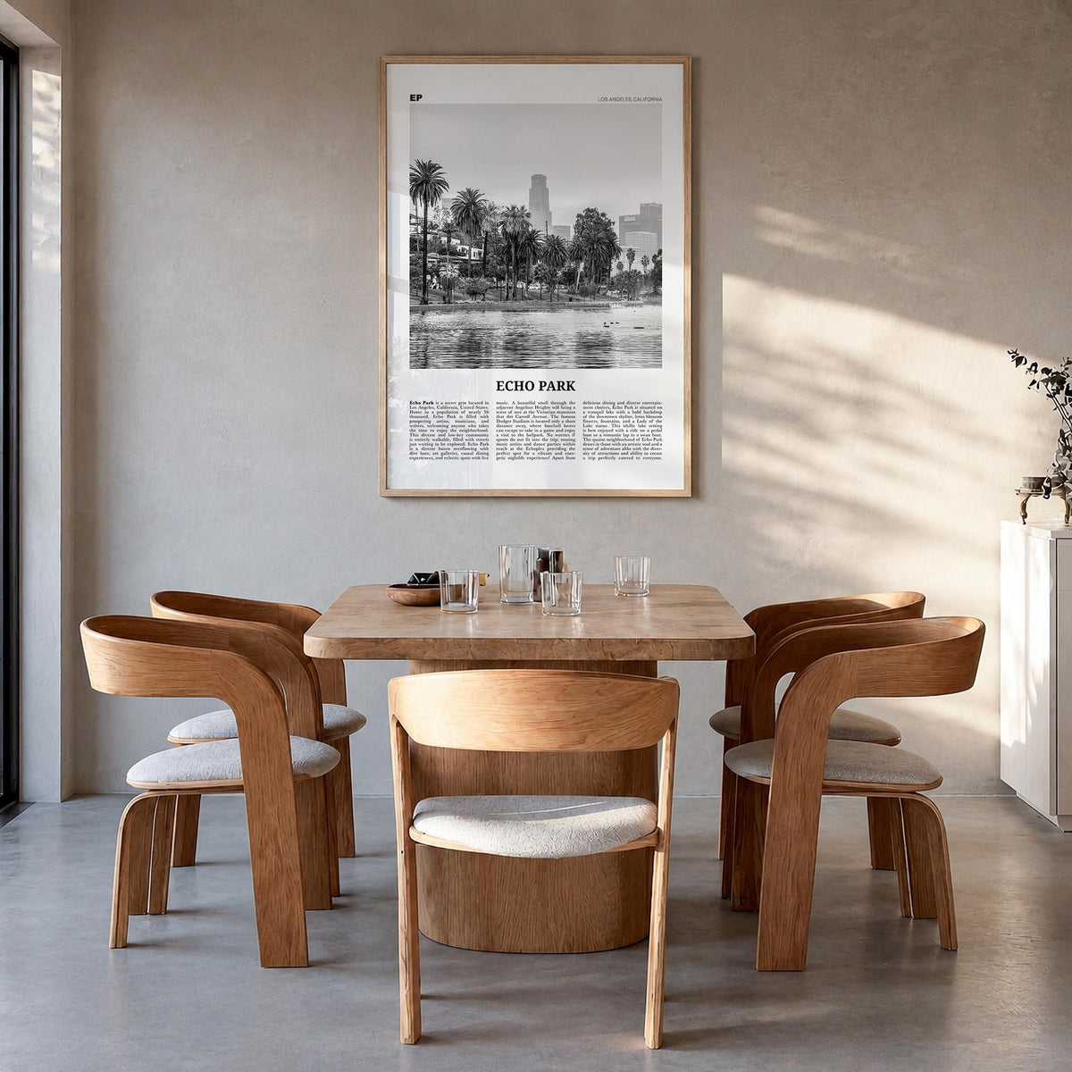 Echo Park no. 2 black & white newspaper poster of Los Angeles, California – vertical wall art in natural wood frame, hanging 