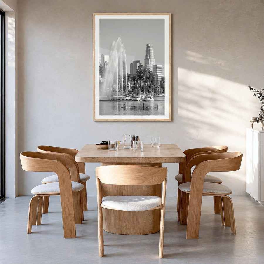 Echo Park Photo Poster in a natural wood frame, hanging in a dining room, white border