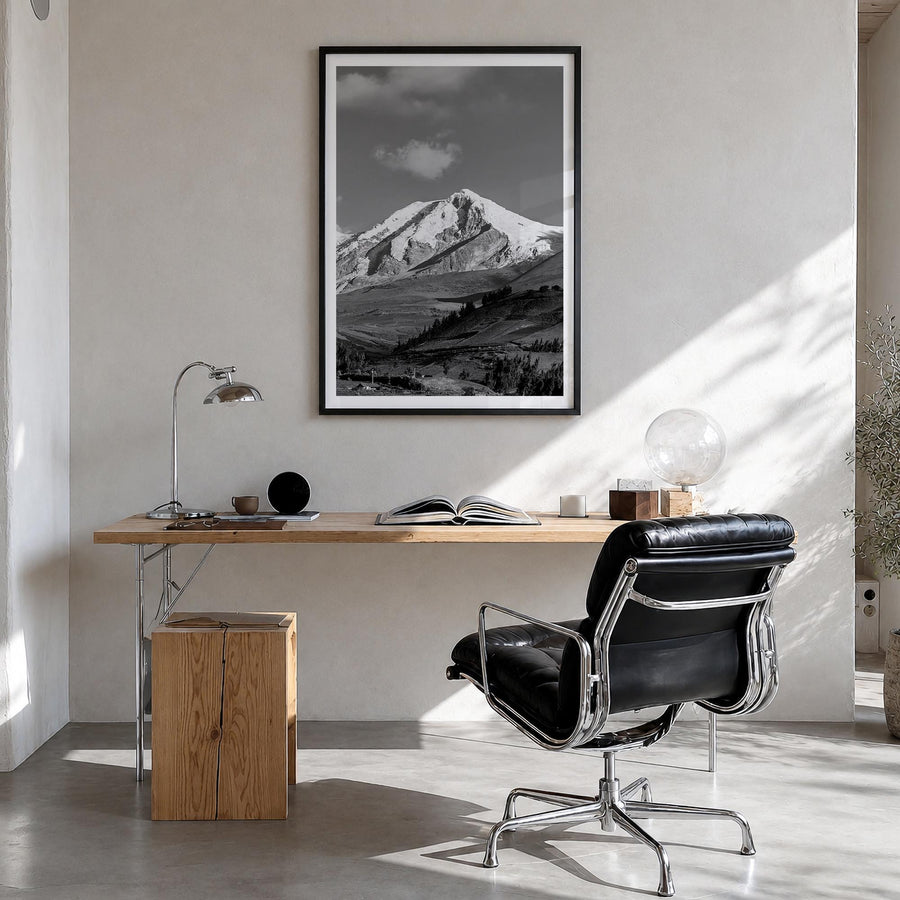 Ecuador black & white photo poster of South America – vertical wall art in black wood frame with white border, hanging on wal