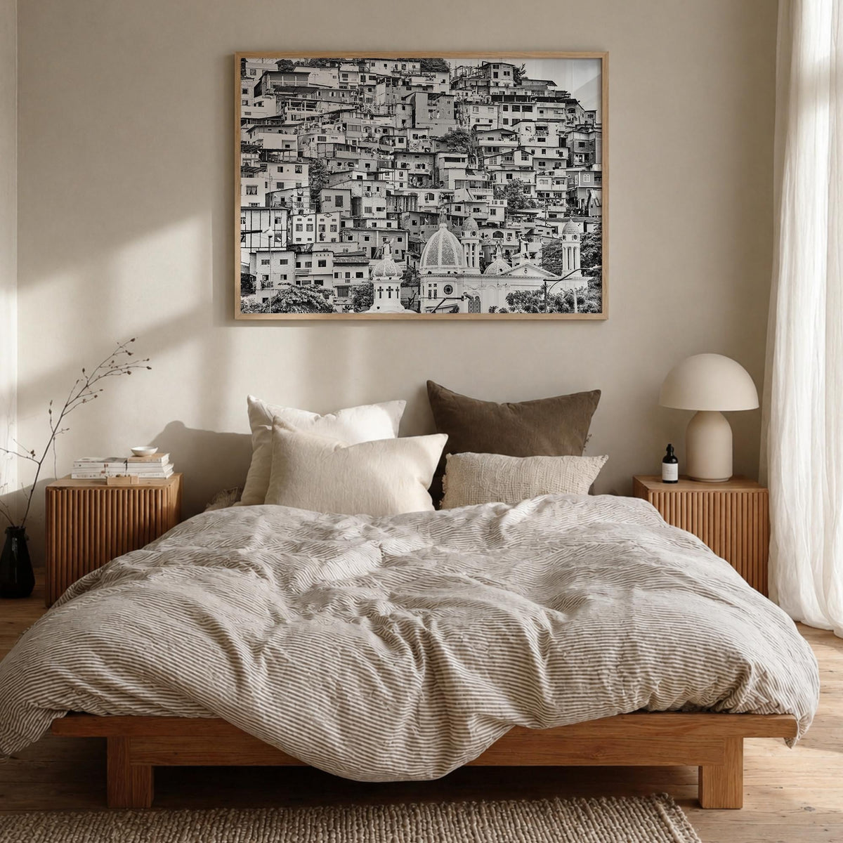 Ecuador black & white photo poster of South America – horizontal wall art in natural wood frame, hanging on wall
