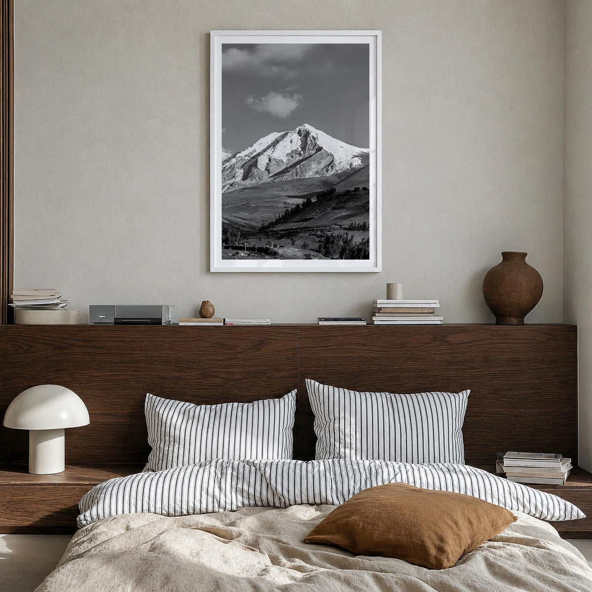 Ecuador black & white photo poster of South America – vertical wall art in white wood frame with white border, hanging on wal
