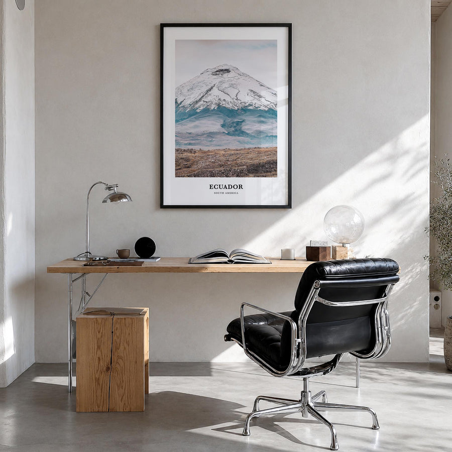 Ecuador colorful classic poster of South America – vertical wall art in black wood frame, hanging on wall