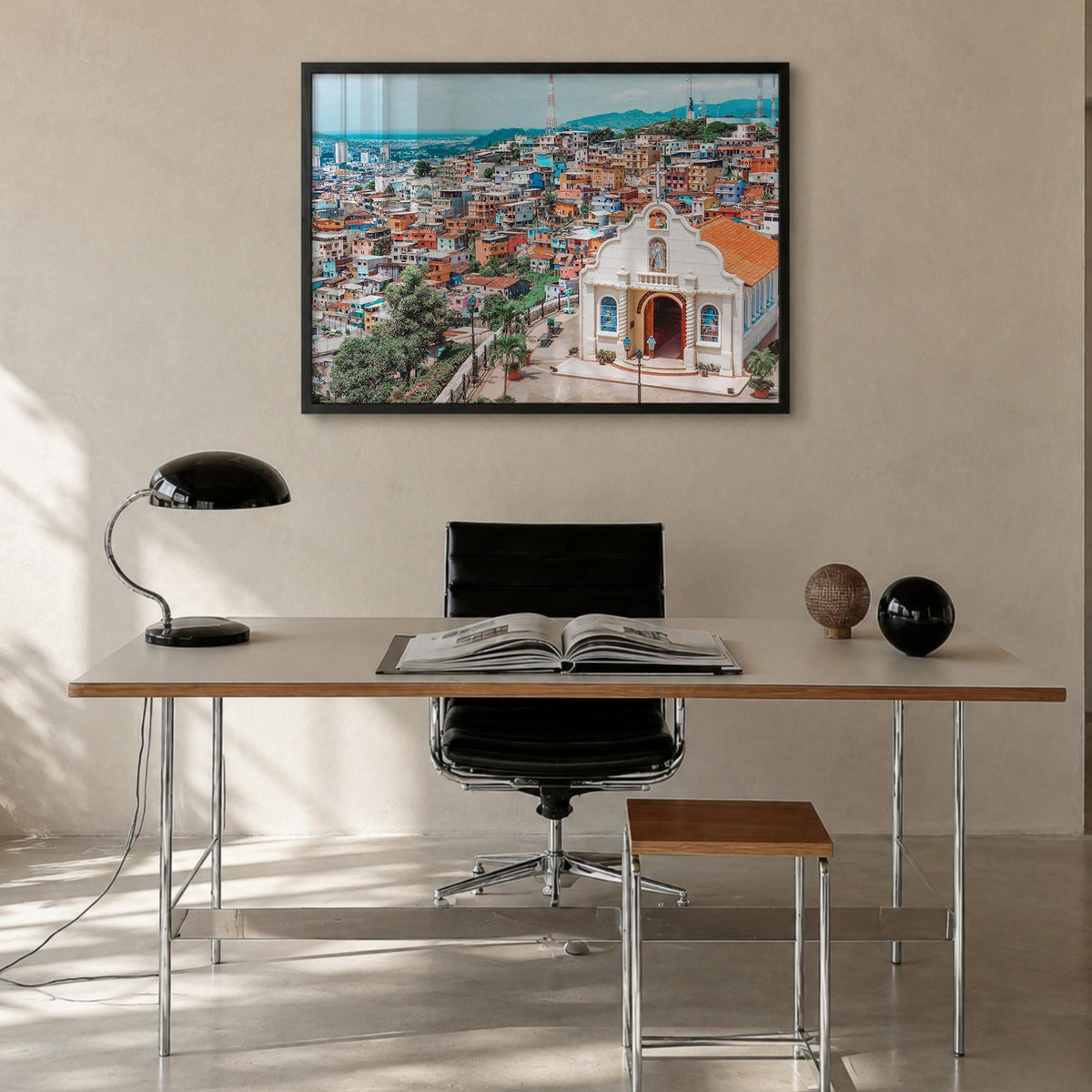 Ecuador colorful photo poster of South America – horizontal wall art in black wood frame, hanging on wall
