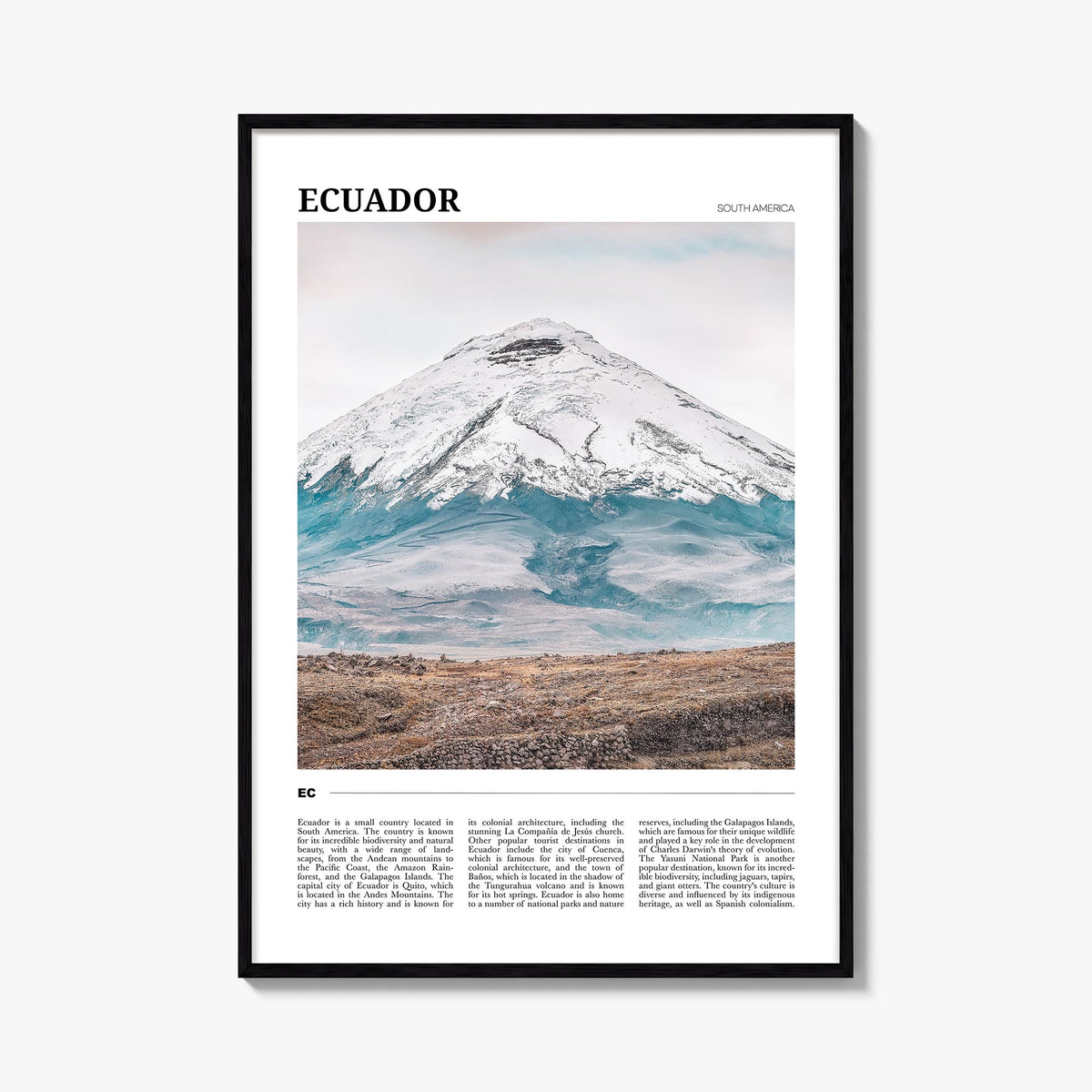 Ecuador colorful travel poster of South America – vertical wall art, unframed print shown in interior mockup