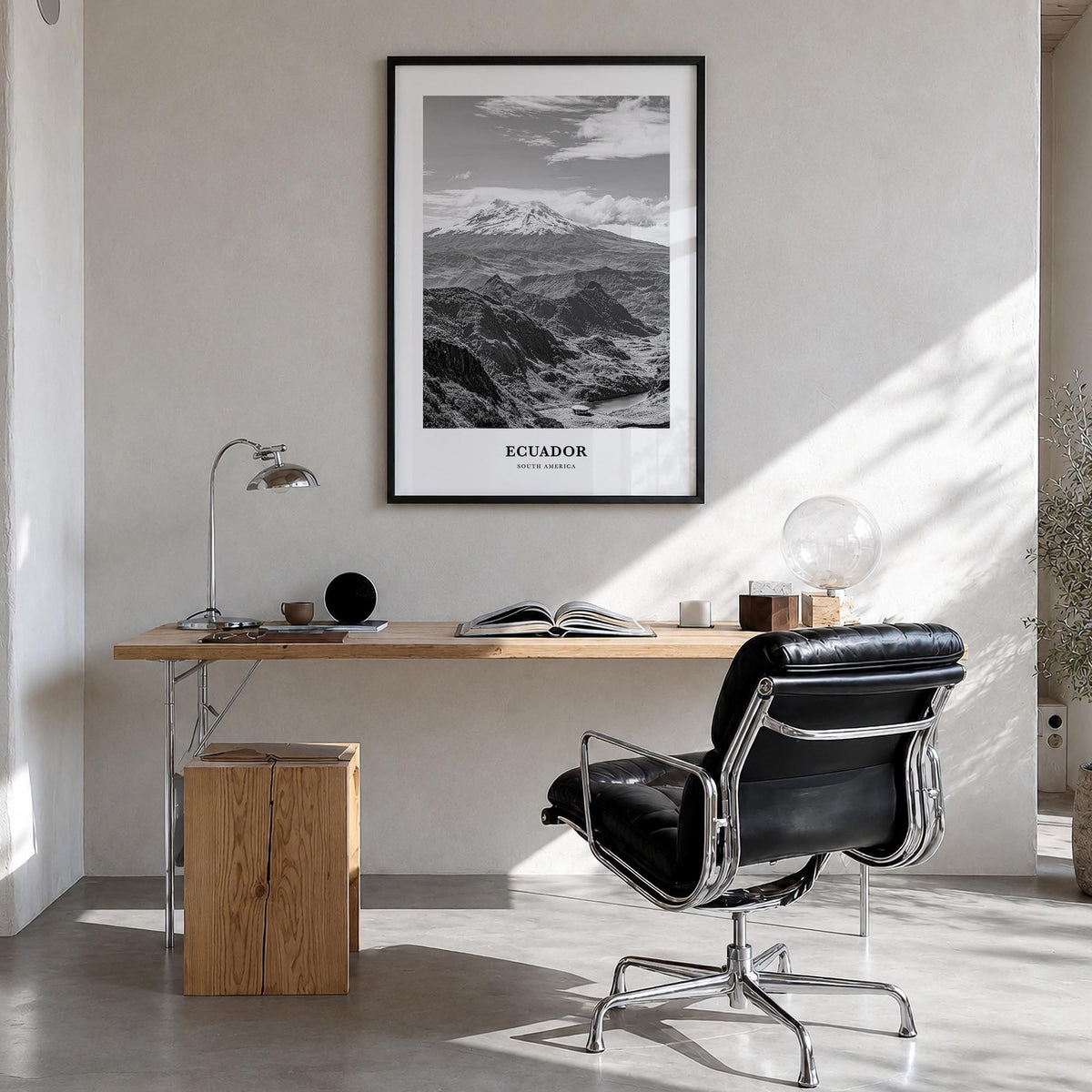 Ecuador no. 1 black & white classic poster of South America – vertical wall art in black wood frame, hanging on wall
