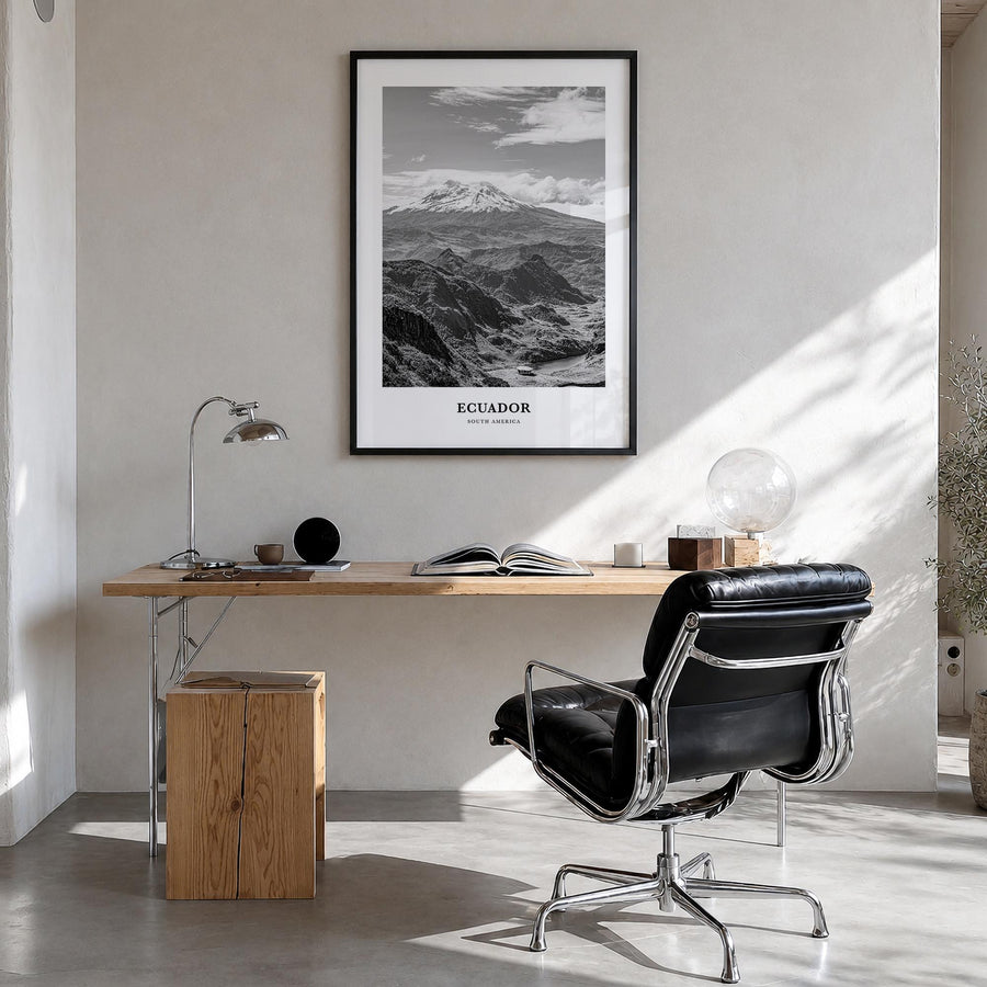Ecuador no. 1 black & white classic poster of South America – vertical wall art in black wood frame, hanging on wall