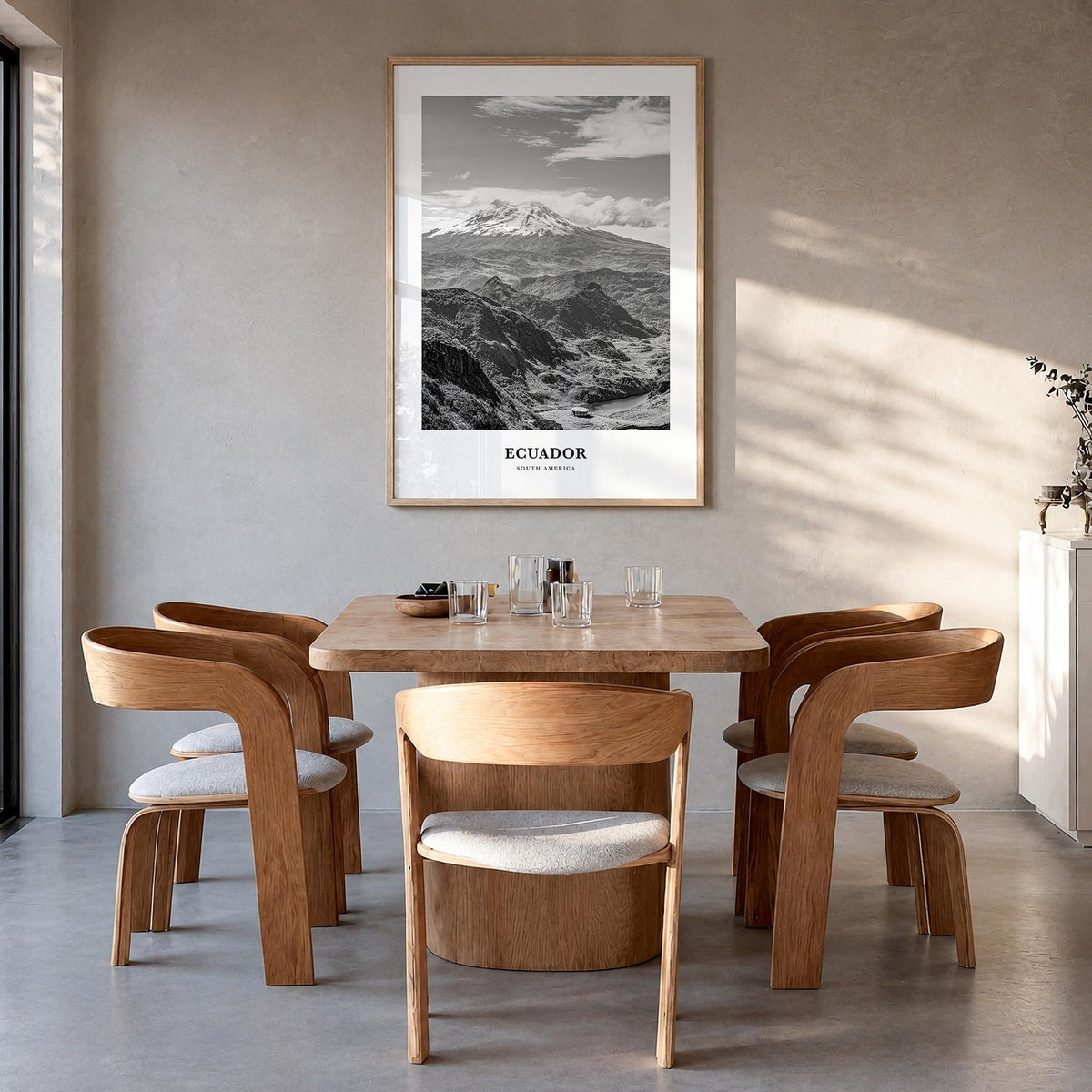Ecuador no. 1 black & white classic poster of South America – vertical wall art in natural wood frame, hanging on wall