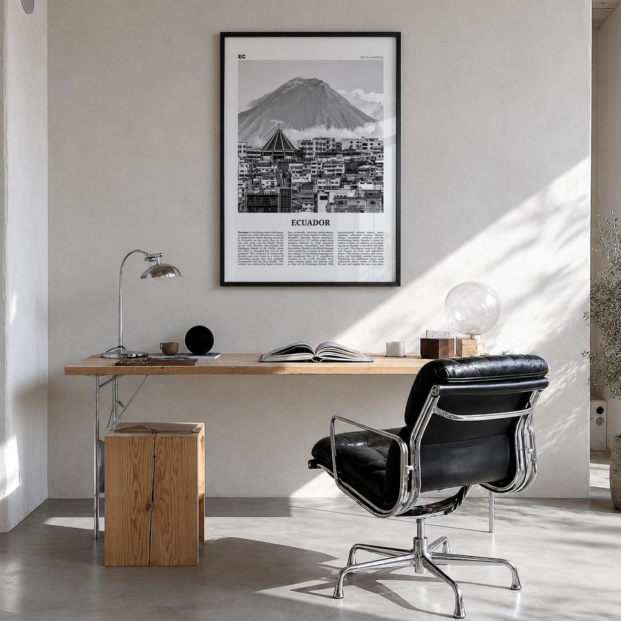 Ecuador no. 1 black & white newspaper poster of South America – vertical wall art in black wood frame, hanging on wall