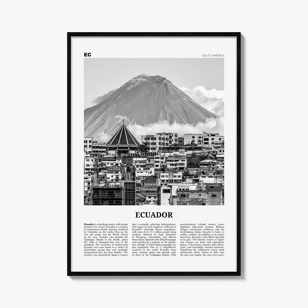 Ecuador no. 1 black & white newspaper poster of South America – vertical wall art, unframed print shown in interior mockup