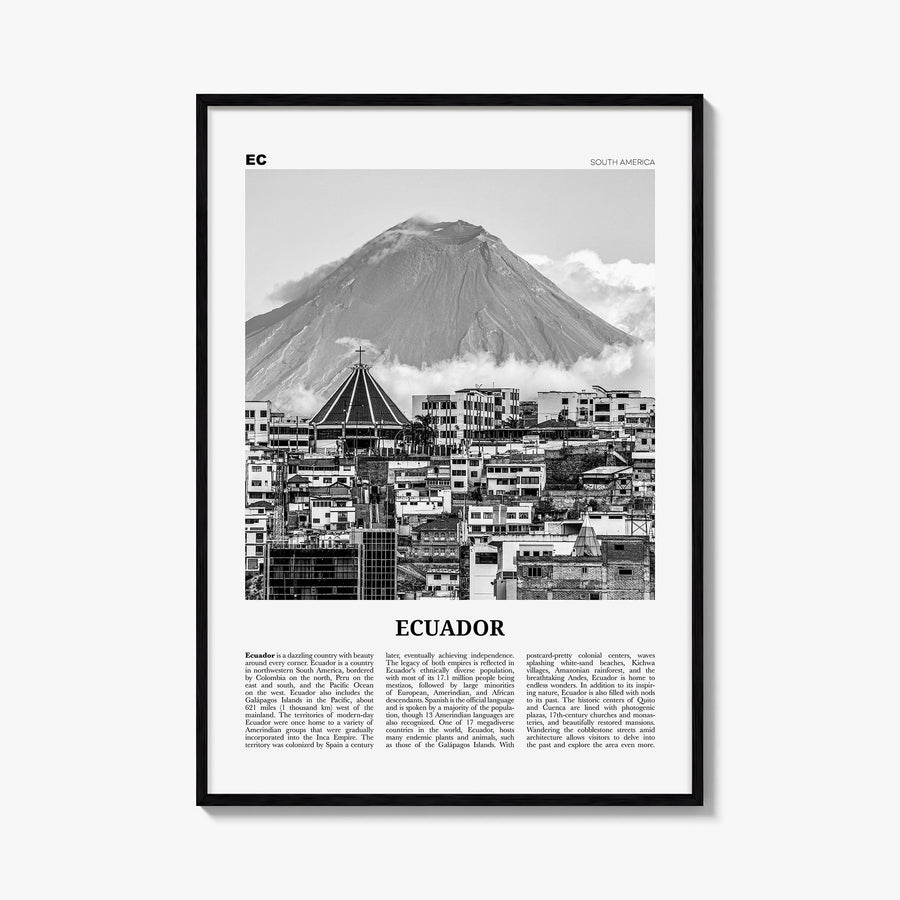 Ecuador no. 1 black & white newspaper poster of South America – vertical wall art, unframed print shown in interior mockup