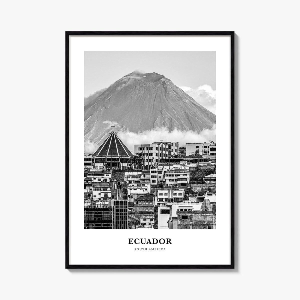 Ecuador no. 2 black & white classic poster of South America – vertical wall art, unframed print shown in interior mockup