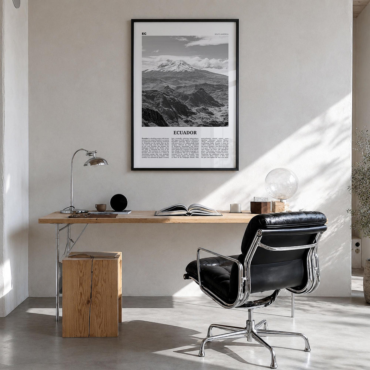 Ecuador no. 2 black & white newspaper poster of South America – vertical wall art in black wood frame, hanging on wall