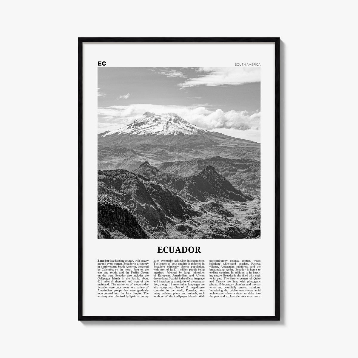 Ecuador no. 2 black & white newspaper poster of South America – vertical wall art, unframed print shown in interior mockup