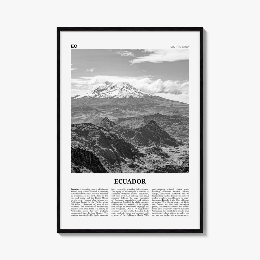 Ecuador no. 2 black & white newspaper poster of South America – vertical wall art, unframed print shown in interior mockup
